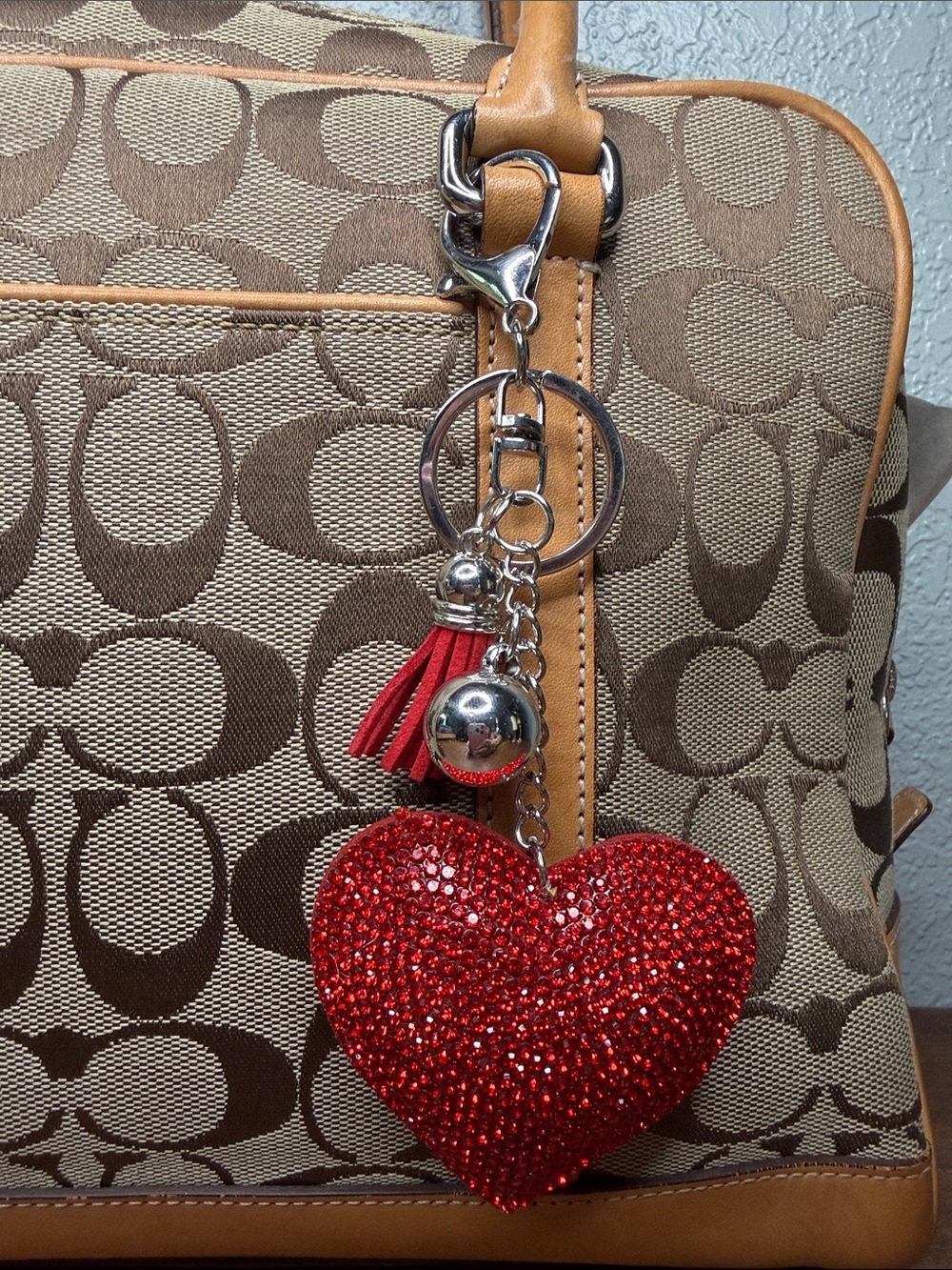 Red Crystal Rhinestone Heart Bag Charm Silver